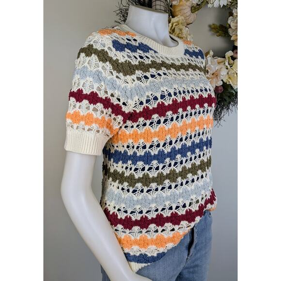 Cato Crochet Sweater Medium Multicolor Stripe Cotton Open Knit Short Sleeve Boho - Picture 2 of 9